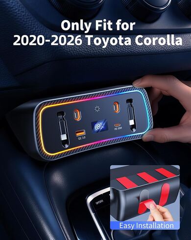 Car Charger Usb Hub with RGB Light for 2026 2025 2024 2023 2022 2021 2020 Toyota Corolla Accessories, 4-Port Docking Station with Retractable Cable, Phone Fast Charging Hub with Voltage Display in Saudi Arabia