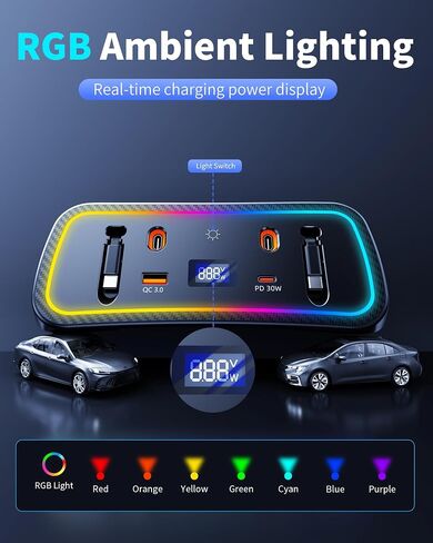 Car Charger Usb Hub with RGB Light for 2026 2025 2024 2023 2022 2021 2020 Toyota Corolla Accessories, 4-Port Docking Station with Retractable Cable, Phone Fast Charging Hub with Voltage Display in Saudi Arabia
