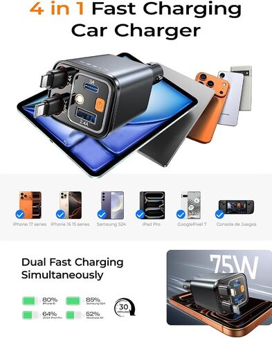 LISEN 4 in 1 Starlight Retractable Car Charger, 75W USB C Cigarette Adapter Fast Charging, Starlight Retractable Car Accessories for Women Mom, for iPhone 17 Pro Max Air 16 15 14 13 12 in Kuwait