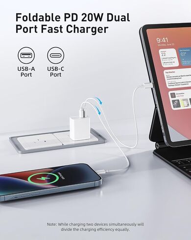 UL Certified 20W USB C Charger Block [2-Pack], Dual Port Fast Wall Charger Adapter with Foldable Plug, Safe Fast Charging Block for iPhone 15 14 13 Pro Max, iPad, Samsung Galaxy, Pixel (White) in Kuwait