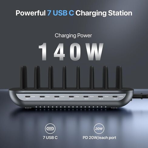SooPii Premium 140W 7-Port USB C Charging Station for Multiple Device,Black in Kuwait