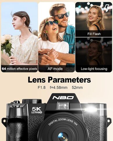 NBD 5K 64MP Digital Cameras for Photography,16X Zoom，Flip Screen,Dual-Lens in Kuwait