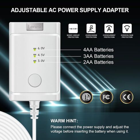 Lenink Adjustable AC Power Supply Adapter for 2 AA 3 AA 4 AA Batteries, 3V, 4.5V, 6V, AA Battery Replacement Adapter(White) in Kuwait
