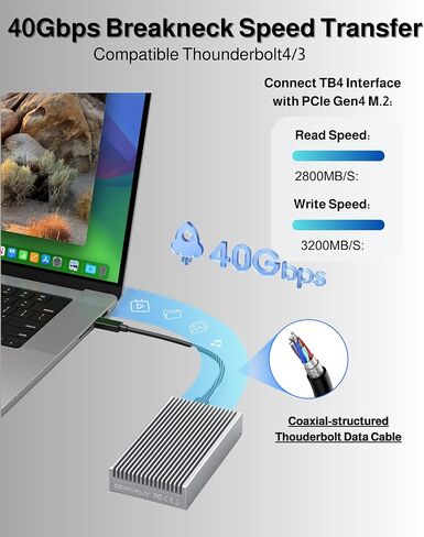 Noiseless 40Gbps M.2 NVMe Enclosure, USB C Aluminum External SSD Enclosure Compatible Thunderbolt4/3 8TB SSD Adapter, PCIe Gen4 M.2 SSD Reader Fits 2280/2260/2242/2230mm M B+M Key (Silver) in Kuwait