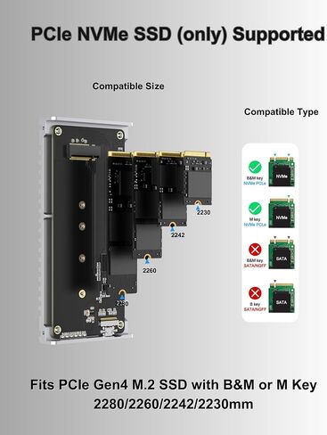 Noiseless 40Gbps M.2 NVMe Enclosure, USB C Aluminum External SSD Enclosure Compatible Thunderbolt4/3 8TB SSD Adapter, PCIe Gen4 M.2 SSD Reader Fits 2280/2260/2242/2230mm M B+M Key (Silver) in Kuwait