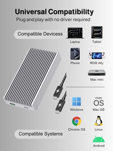 Noiseless 40Gbps M.2 NVMe Enclosure, USB C Aluminum External SSD Enclosure Compatible Thunderbolt4/3 8TB SSD Adapter, PCIe Gen4 M.2 SSD Reader Fits 2280/2260/2242/2230mm M B+M Key (Silver) in Kuwait