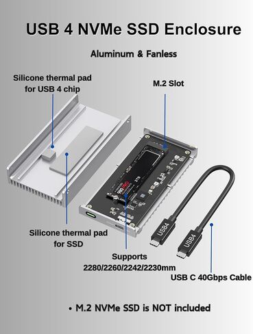 Noiseless 40Gbps M.2 NVMe Enclosure, USB C Aluminum External SSD Enclosure Compatible Thunderbolt4/3 8TB SSD Adapter, PCIe Gen4 M.2 SSD Reader Fits 2280/2260/2242/2230mm M B+M Key (Silver) in Kuwait