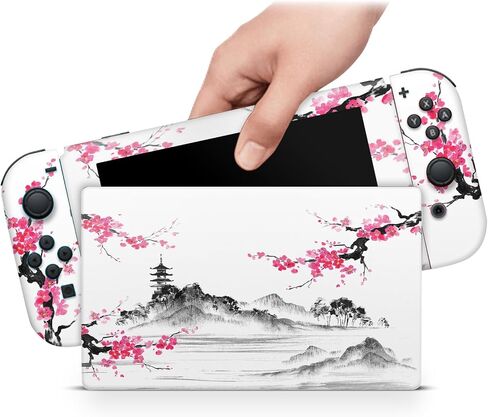 ZOOMHITSKINS Skin Compatible with Switch, Anime Japanese Temple Cherry Blossom Pink Samurai Design, Durable 3M Vinyl Decal Wrap, Precision Fit, Bubble-Free, Made in USA in Kuwait