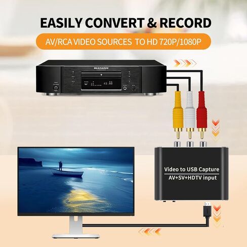 HDMI Capture Card, VHS to Digital Converter for PC, AV S-Video to USB 3.0 Video, 1080P 60FPS HDMI Loop Out, RCA/SVHS Video Grabber for VCR Camcorder DVD Player Game Console Streaming OBS Windows Mac in Kuwait