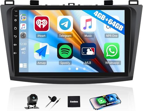 4G+64G Car Stereo Radio for Mazda 3 2010-2013 Wireless CarPlay Android Auto 9 Inch 1280 * 720 Touch Screen Stereo Android 15 Head Unit Bluetooth 5.0 32EQ GPS WiFi FM HD Backup Camera in Kuwait