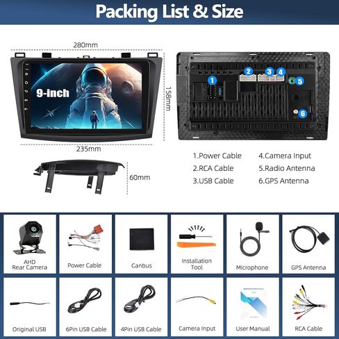 4G+64G Car Stereo Radio for Mazda 3 2010-2013 Wireless CarPlay Android Auto 9 Inch 1280 * 720 Touch Screen Stereo Android 15 Head Unit Bluetooth 5.0 32EQ GPS WiFi FM HD Backup Camera in Kuwait