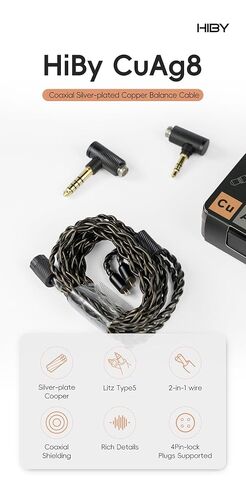HiBy CuAg8 Balance Earphone Cable Coaxial Silver-Plated Copper Litz Type5 Coaxial Shielding 4Pin-Lock Plugs 3.5mm+4.4mm Jack in Kuwait