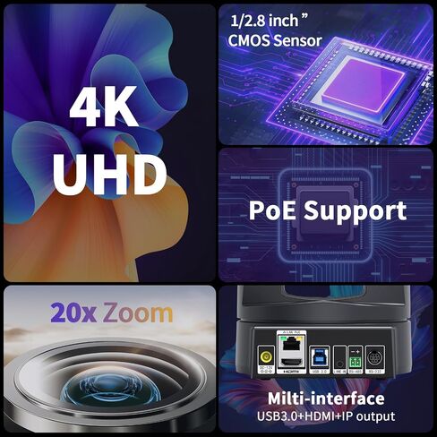 4K PTZ Camera 20X, HDMI USB Video Conference Camera Webcam Live Streaming for Church Worship/Events Services/Education,Works with Zoom,Skype,OBS(Black) in Kuwait