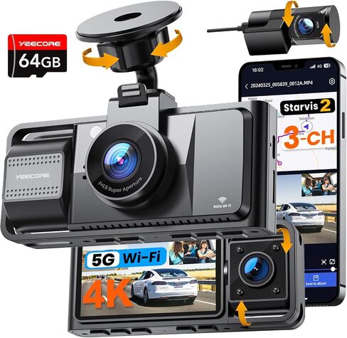 Real 4K 3 Channel Dash Cam Front and Rear Inside, STARVIS 2 HDR Sensor, 5.8GHz Wi-Fi GPS G-Sensor, 4K+1080P+1080P Dash Cam, 64GB Card Included, IR Night Vision, 3.3" IPS Screen, 24Hr Parking Monitor in Saudi Arabia