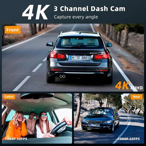 Real 4K 3 Channel Dash Cam Front and Rear Inside, STARVIS 2 HDR Sensor, 5.8GHz Wi-Fi GPS G-Sensor, 4K+1080P+1080P Dash Cam, 64GB Card Included, IR Night Vision, 3.3" IPS Screen, 24Hr Parking Monitor in Saudi Arabia