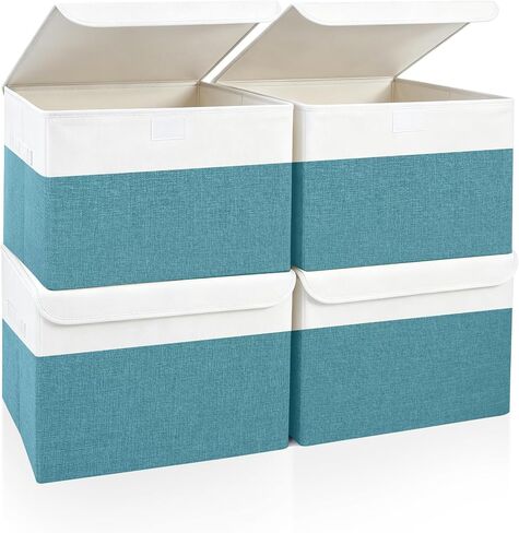 Bagnizer Large 22 Quart Linen Fabric Foldable Storage Bin Cube Organizer Basket with Flip-Top Lid & Handles, Clothes Blanket Box for Home, Office, Closet, Gray, 4 Pack 14.6 x 9.5 x 9.5" in Kuwait