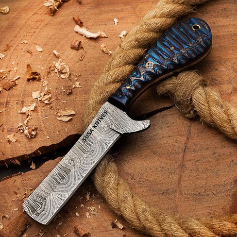 Handmade Damascus Steel Bull Cutter Knife, Cowboy Fixed Blade knife, Wood Handle, EDC Knife PANCAKE Leather Sheath Gift For Men in Kuwait