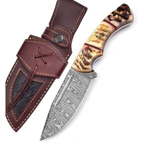 Handmade Damascus Knife For Hunting Skinning - 9.5 Inches Damascus Steel Fixed Blade Camping Knife With Leather Sheath, Ram Horn Handle RH-116 in Kuwait