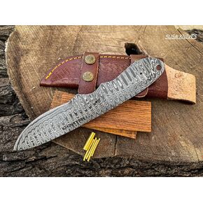 Damascus Steel Blank Blade Hunting Knife Fixed Blade EDC Survival Knife for Men - Fixed Blade Making kit, Pins, with Sheath, Handle Scales for Making (LEADER WOOD) in Kuwait