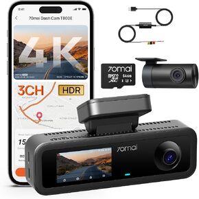 【70mai Dash Cam 4K T800E+Hardwire Kit UP03】 70mai 4K Dash Cam Front and Rear Inside, 3 Channel Car Dash Camera for Cars, Dashcam with GPS, Wi-Fi 6, Voice Control, Parking Monitor, Night Vision in Kuwait