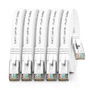 1aTTack.de Cat.7 Gigabit Ethernet LAN Flat Ribbon Cable (RJ45), Network Cable, Raw Cable, (10 Gbit/s) Installation Cable, Flat Slim Compatible with Cat. 5 - CAT. 5e - CAT. 6 White - 5 Pieces 5 m in Kuwait