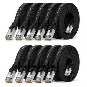 1aTTack.de Cat.7 Gigabit Ethernet LAN Flat Ribbon Cable (RJ45), Network Cable, Raw Cable, (10 Gbit/s) Installation Cable, Flat Slim Compatible with Cat. 5 - CAT. 5e - CAT. 6 Black - 10 Pieces 0.5m in Kuwait