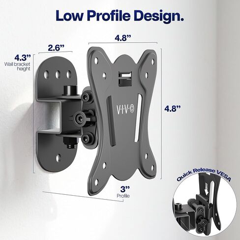 VIVO Compact TV Wall Mount for 13 to 32 inch Screens up to 55 lbs, Tilt and Swivel, Single Stud, Low Profile 3 inches from Wall, VESA 75x75 and 100x100, Black, MOUNT-TS132K in Kuwait