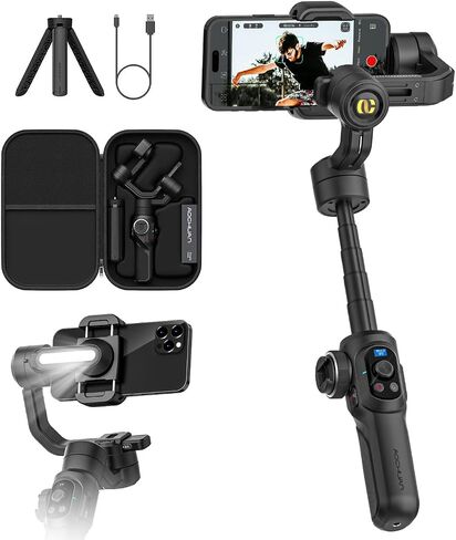 AOCHUAN S2 Smartphone Gimbal Stabilizer w/Wireless Lavalier, Built-in 18cm Extension Rod & Fill Light, Professional 3-Axis Gimbal for iPhone & Android for Video Recording in Saudi Arabia