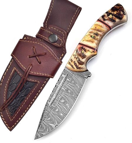 Handmade Damascus Knife For Hunting Skinning - 9.5 Inches Damascus Steel Fixed Blade Camping Knife With Leather Sheath, Ram Horn Handle RH-116 in Kuwait