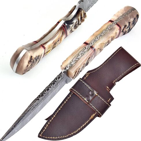 Handmade Damascus Knife For Hunting Skinning - 9.5 Inches Damascus Steel Fixed Blade Camping Knife With Leather Sheath, Ram Horn Handle RH-116 in Kuwait