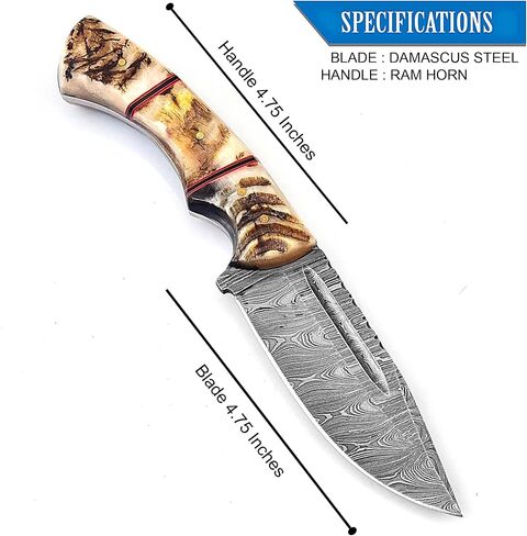Handmade Damascus Knife For Hunting Skinning - 9.5 Inches Damascus Steel Fixed Blade Camping Knife With Leather Sheath, Ram Horn Handle RH-116 in Kuwait