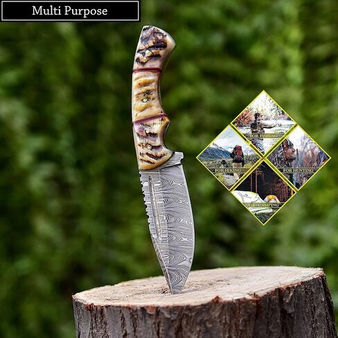 Handmade Damascus Knife For Hunting Skinning - 9.5 Inches Damascus Steel Fixed Blade Camping Knife With Leather Sheath, Ram Horn Handle RH-116 in Kuwait