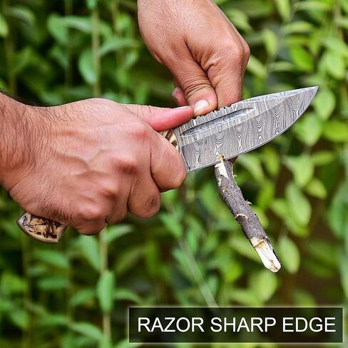 Handmade Damascus Knife For Hunting Skinning - 9.5 Inches Damascus Steel Fixed Blade Camping Knife With Leather Sheath, Ram Horn Handle RH-116 in Kuwait