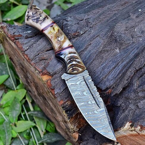 Handmade Damascus Knife For Hunting Skinning - 9.5 Inches Damascus Steel Fixed Blade Camping Knife With Leather Sheath, Ram Horn Handle RH-116 in Kuwait