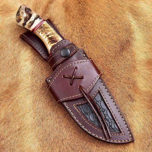 Handmade Damascus Knife For Hunting Skinning - 9.5 Inches Damascus Steel Fixed Blade Camping Knife With Leather Sheath, Ram Horn Handle RH-116 in Kuwait