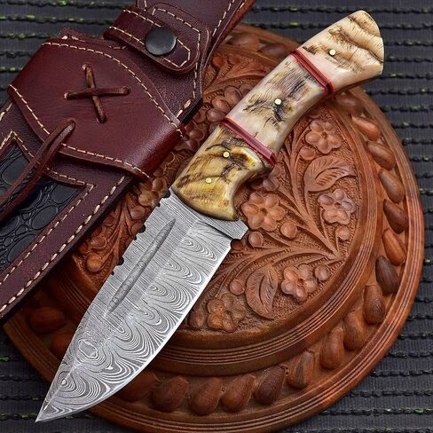 Handmade Damascus Knife For Hunting Skinning - 9.5 Inches Damascus Steel Fixed Blade Camping Knife With Leather Sheath, Ram Horn Handle RH-116 in Kuwait