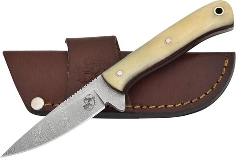 Knives Ranch 7" Full Tang EDC Hunting Knife - Damascus Steel - Excellent Edge Retention - Bone Handle - Horizontal Carry Leather Sheath Snug Fit (3056-B) in Saudi Arabia