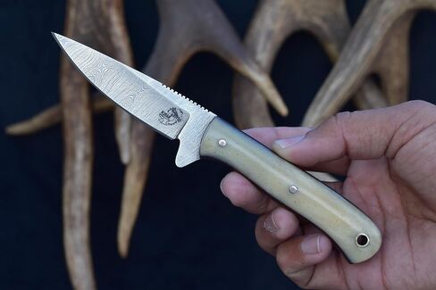 Knives Ranch 7" Full Tang EDC Hunting Knife - Damascus Steel - Excellent Edge Retention - Bone Handle - Horizontal Carry Leather Sheath Snug Fit (3056-B) in Saudi Arabia