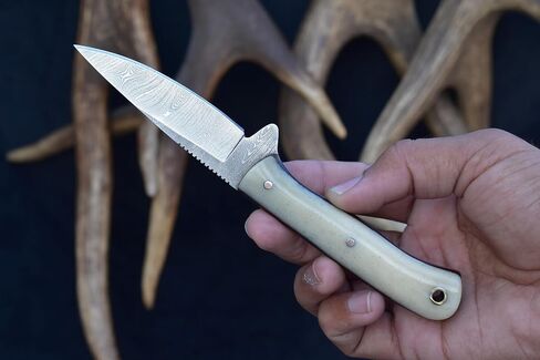 Knives Ranch 7" Full Tang EDC Hunting Knife - Damascus Steel - Excellent Edge Retention - Bone Handle - Horizontal Carry Leather Sheath Snug Fit (3056-B) in Saudi Arabia