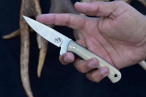 Knives Ranch 7" Full Tang EDC Hunting Knife - Damascus Steel - Excellent Edge Retention - Bone Handle - Horizontal Carry Leather Sheath Snug Fit (3056-B) in Saudi Arabia