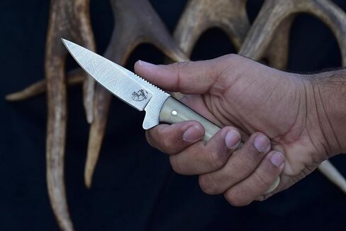 Knives Ranch 7" Full Tang EDC Hunting Knife - Damascus Steel - Excellent Edge Retention - Bone Handle - Horizontal Carry Leather Sheath Snug Fit (3056-B) in Saudi Arabia