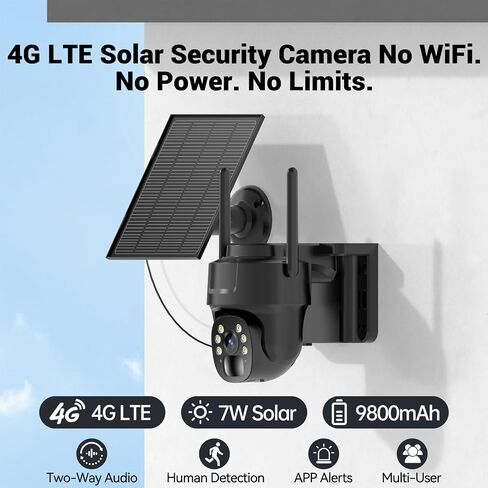 4G LTE Cellular Security Camera Wireless, No WiFi Needed Solar Wireless Outdoor Camera, PIR Motion Sensor, 2K HD Color Night Vision, Remote Access, 2-Way Audio, Pan and Tilt,Black in Kuwait