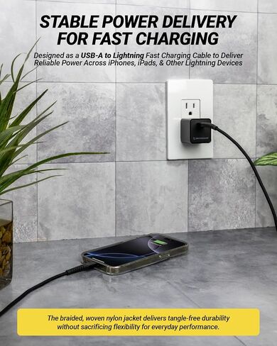 Scosche Strikeline 4ft USB A to Lightning Cable, MFi Certified Heavy Duty Braided iPhone Charger Cord with Reinforced Connector Housing, Fast Charging Compatible with iPhone, iPad & More, Space Gray in Kuwait