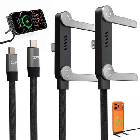 2 Pack 240W USB-C to C & USB C to Lightning Cable, 2-in-1 Invisible Holder Charger Cable Flat Phone Charger with Stand, 90°Sideways Phone Charger for iPhone 17/16/15/14, Samsung Galaxy, iPad, Gaming in Saudi Arabia