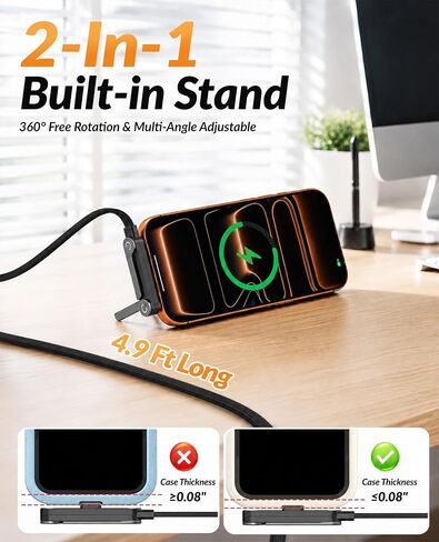 2 Pack 240W USB-C to C & USB C to Lightning Cable, 2-in-1 Invisible Holder Charger Cable Flat Phone Charger with Stand, 90°Sideways Phone Charger for iPhone 17/16/15/14, Samsung Galaxy, iPad, Gaming in Saudi Arabia