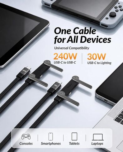2 Pack 240W USB-C to C & USB C to Lightning Cable, 2-in-1 Invisible Holder Charger Cable Flat Phone Charger with Stand, 90°Sideways Phone Charger for iPhone 17/16/15/14, Samsung Galaxy, iPad, Gaming in Saudi Arabia