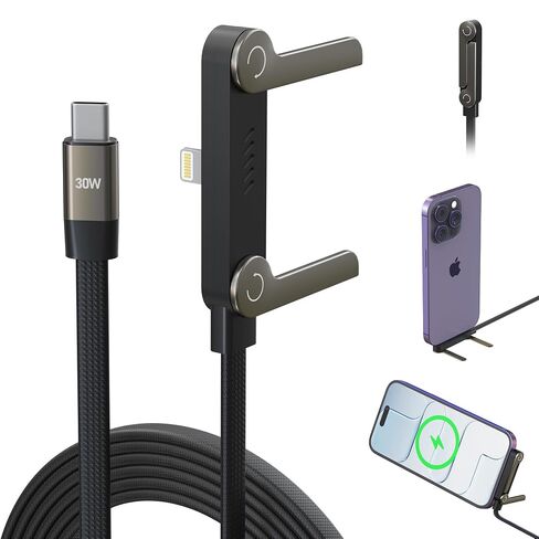 Flat iPhone Charger with Stand - MFi Certified 30W PD USB-C to Lightning Cable with Invisible Holder - 90 Degree Lightning Cable for iPhone 14-8, iPad - Sideways iPhone Charger for Gaming & Streaming in Kuwait