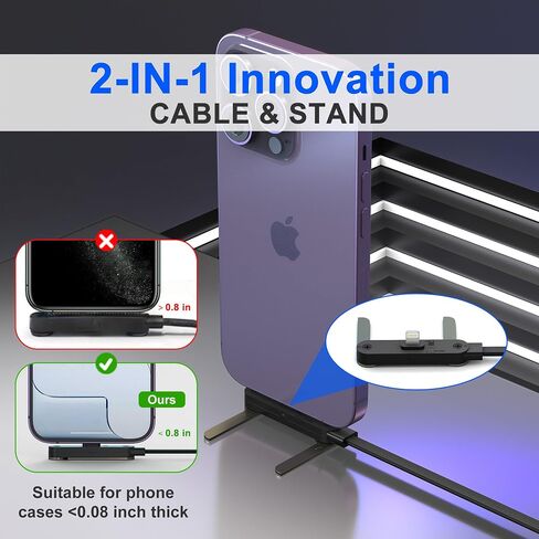 Flat iPhone Charger with Stand - MFi Certified 30W PD USB-C to Lightning Cable with Invisible Holder - 90 Degree Lightning Cable for iPhone 14-8, iPad - Sideways iPhone Charger for Gaming & Streaming in Kuwait