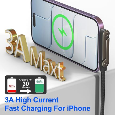 Flat iPhone Charger with Stand - MFi Certified 30W PD USB-C to Lightning Cable with Invisible Holder - 90 Degree Lightning Cable for iPhone 14-8, iPad - Sideways iPhone Charger for Gaming & Streaming in Kuwait