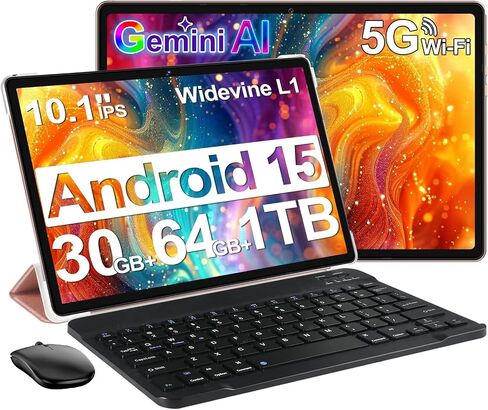 DMOAO Tablet, 2026 Android 15 Tablet with Gemini AI, 10.1 Inch FHD Display, 30GB RAM 64GB ROM /1TB TF, 6000mAh Battery, Octa-Core 2.0GHz, Widevine L1, 2 in 1 Tablets with Keyboard Mouse(Black) in Kuwait